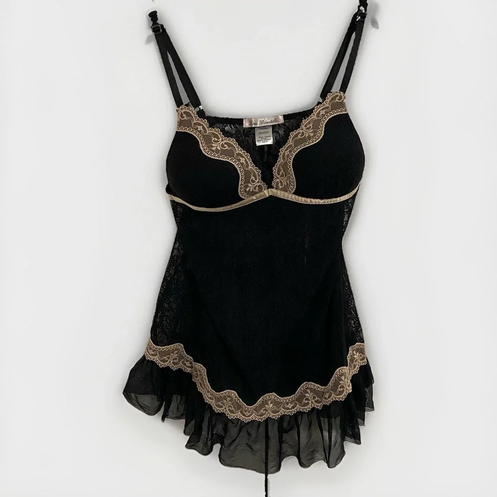 Linea Donatella Black Mesh Lace Chemise Slip Top Coquette Whimsigoth Size M